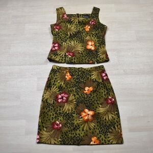 90s SL Fashions Mini Skirt Tank Set Womens Tropical Floral Leopard Green 12 VTG